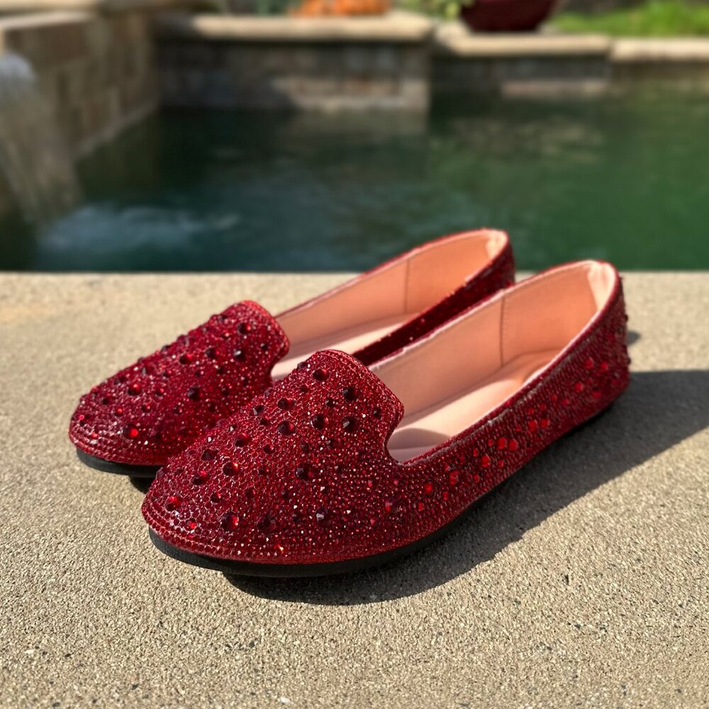 Red Crystal-Embellished Women's Loafers